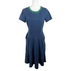 eShakti Dress Women 8 Blue Green Trim Short Sleeve Fit Flare Stretch Buttons